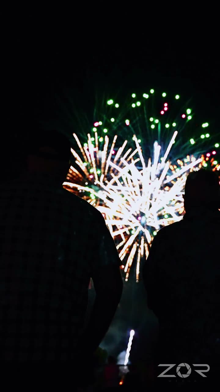 Fireworks bursting above silhouetted spectators at night
